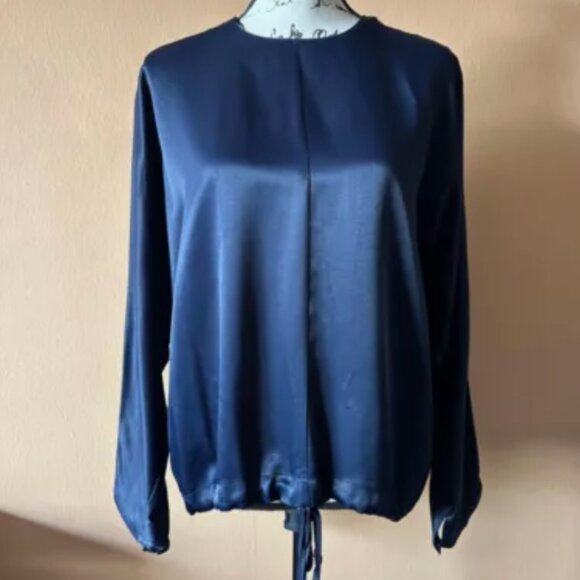 NWT Zara Navy Blue Satin Drawstring Blouse - Picture 2 of 2
